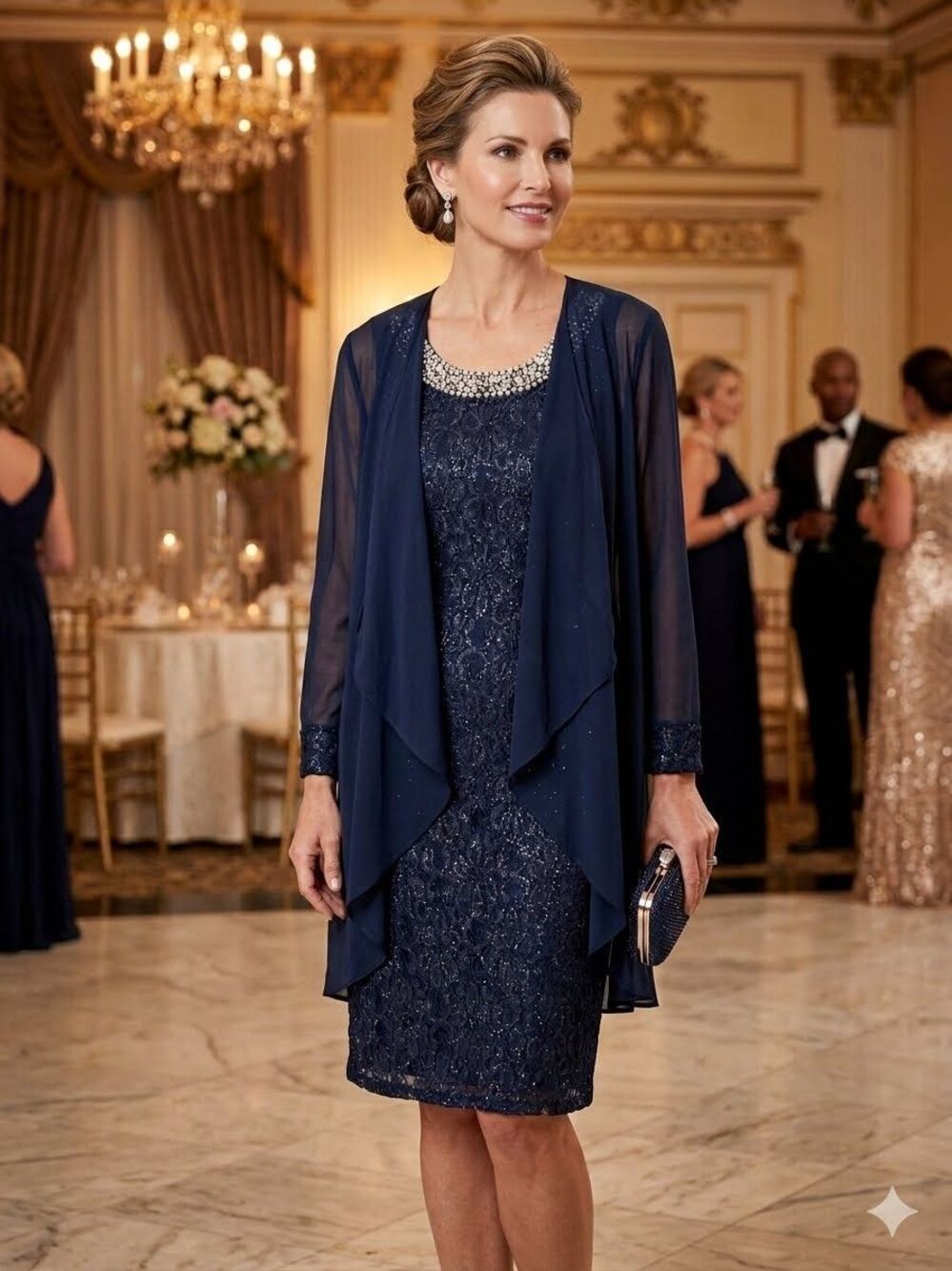 RM Richards Navy Dress 3/4 Shrug 6 Midi Glam Pearl Rhinestone Mother Bride Groom